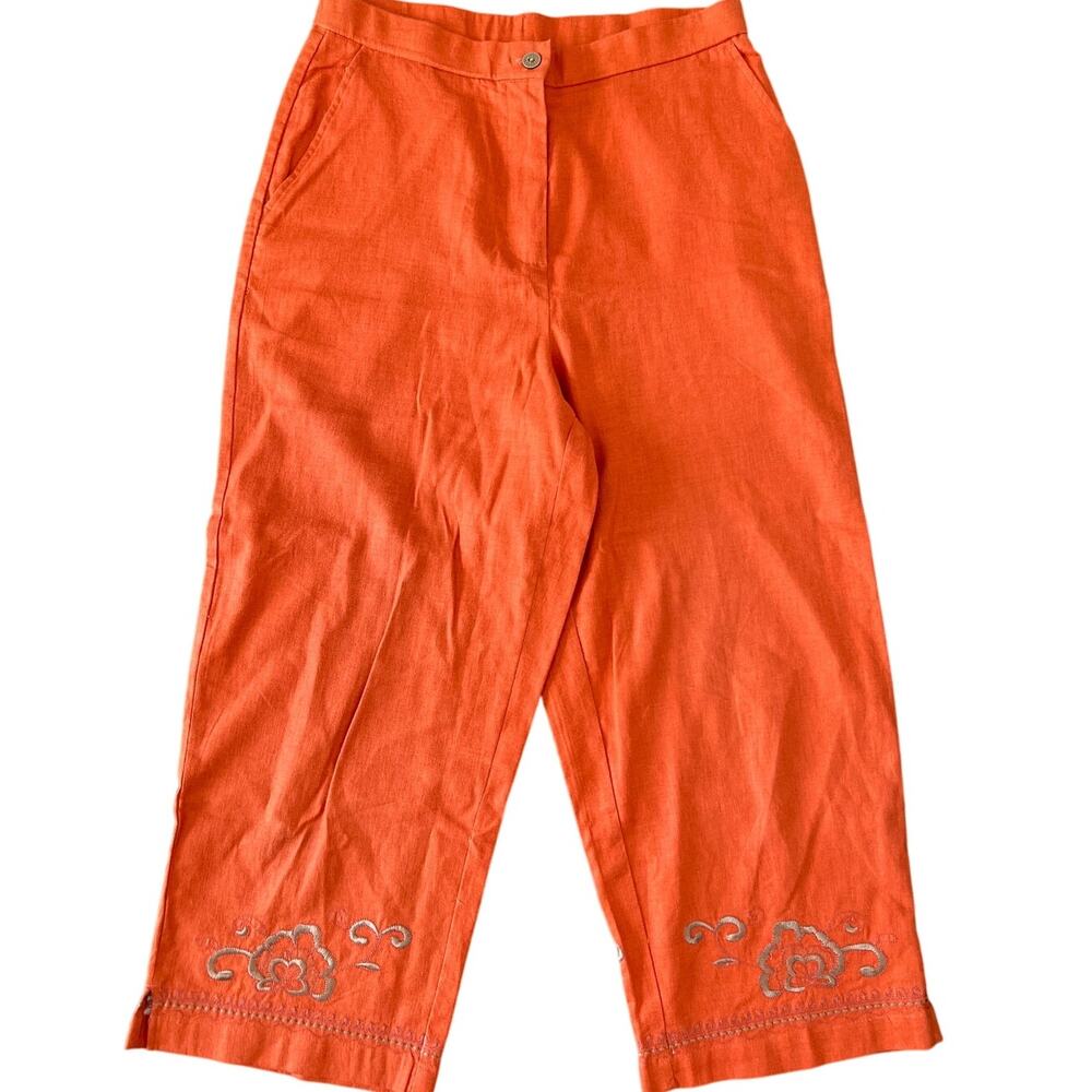 Bechamel Linen Blend Embroidered Wide Leg Cropped Pants Women's Size 10 Orange